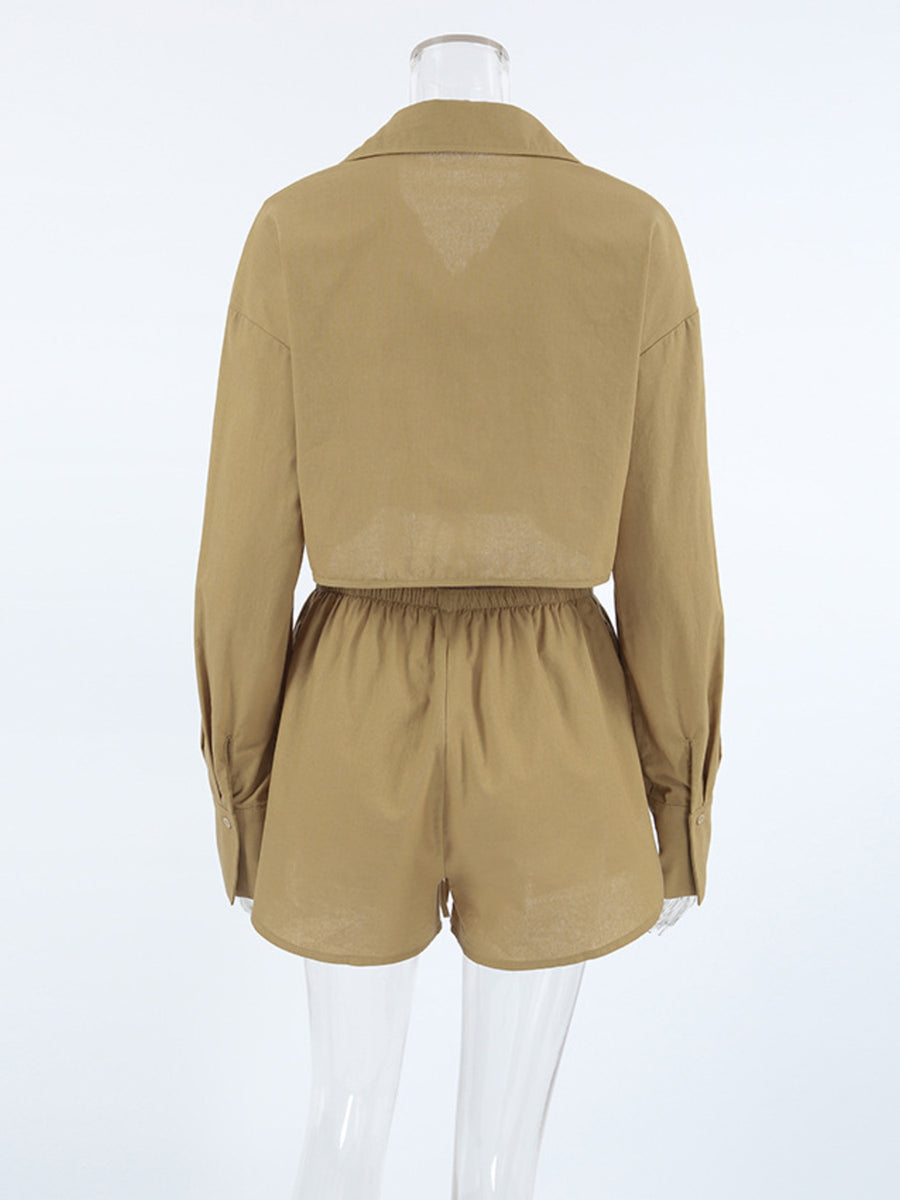 Brown cotton cropped long sleeve button-up top and elastic waist shorts set