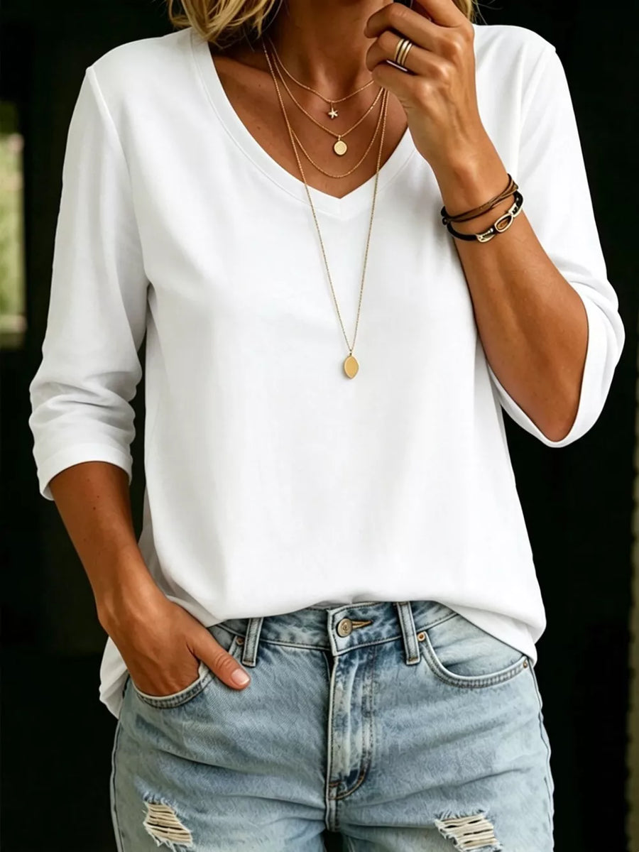 Light Blue Full Size V-neck 3/4 Sleeve T-shirt Plus Size