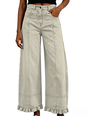 Khaki jeans with full-length and button-front, zip-front