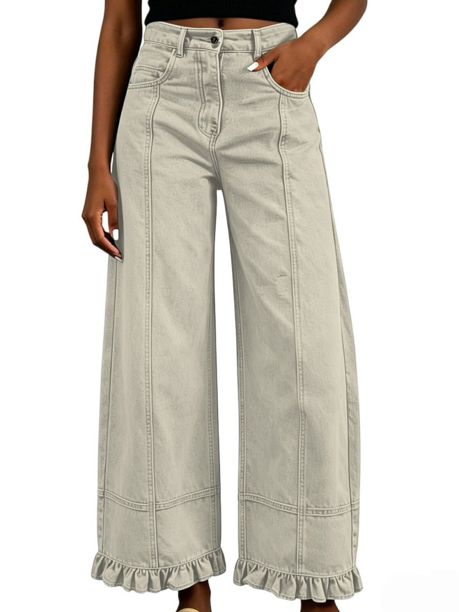 Khaki jeans with full-length and button-front, zip-front