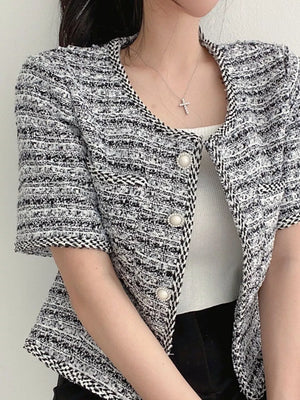 Blue with Pearl Button Short Sleeve Tweed Jacket