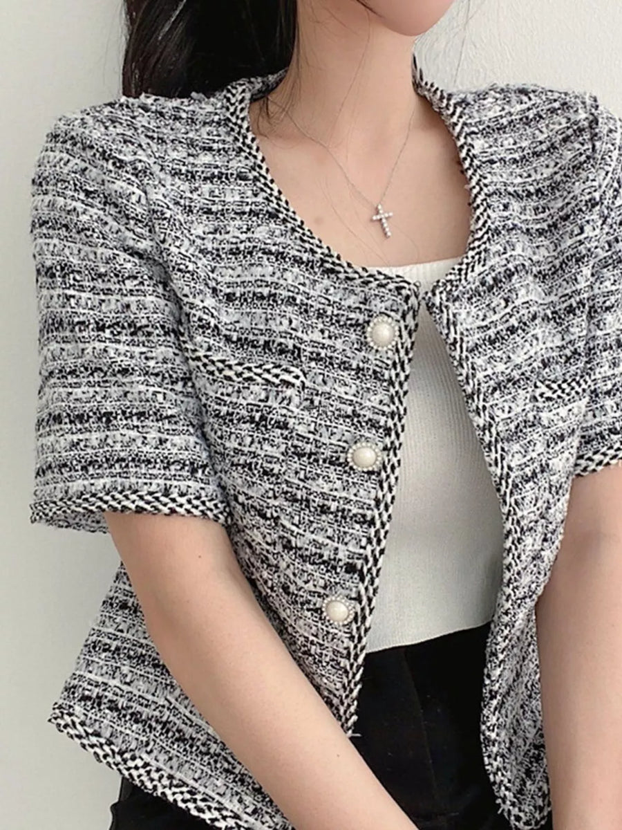 Blue with Pearl Button Short Sleeve Tweed Jacket