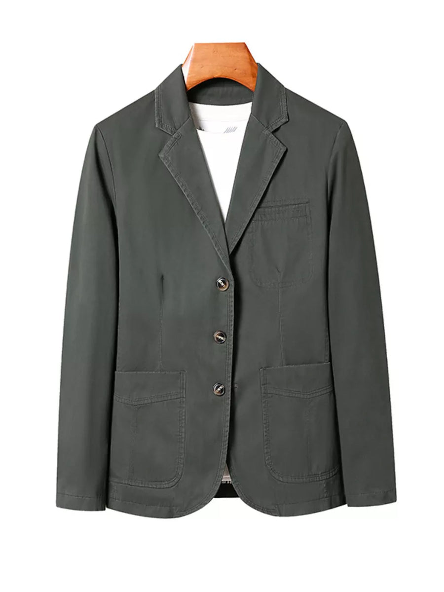 Military green cotton lapel blazer with button closure and patch pockets.