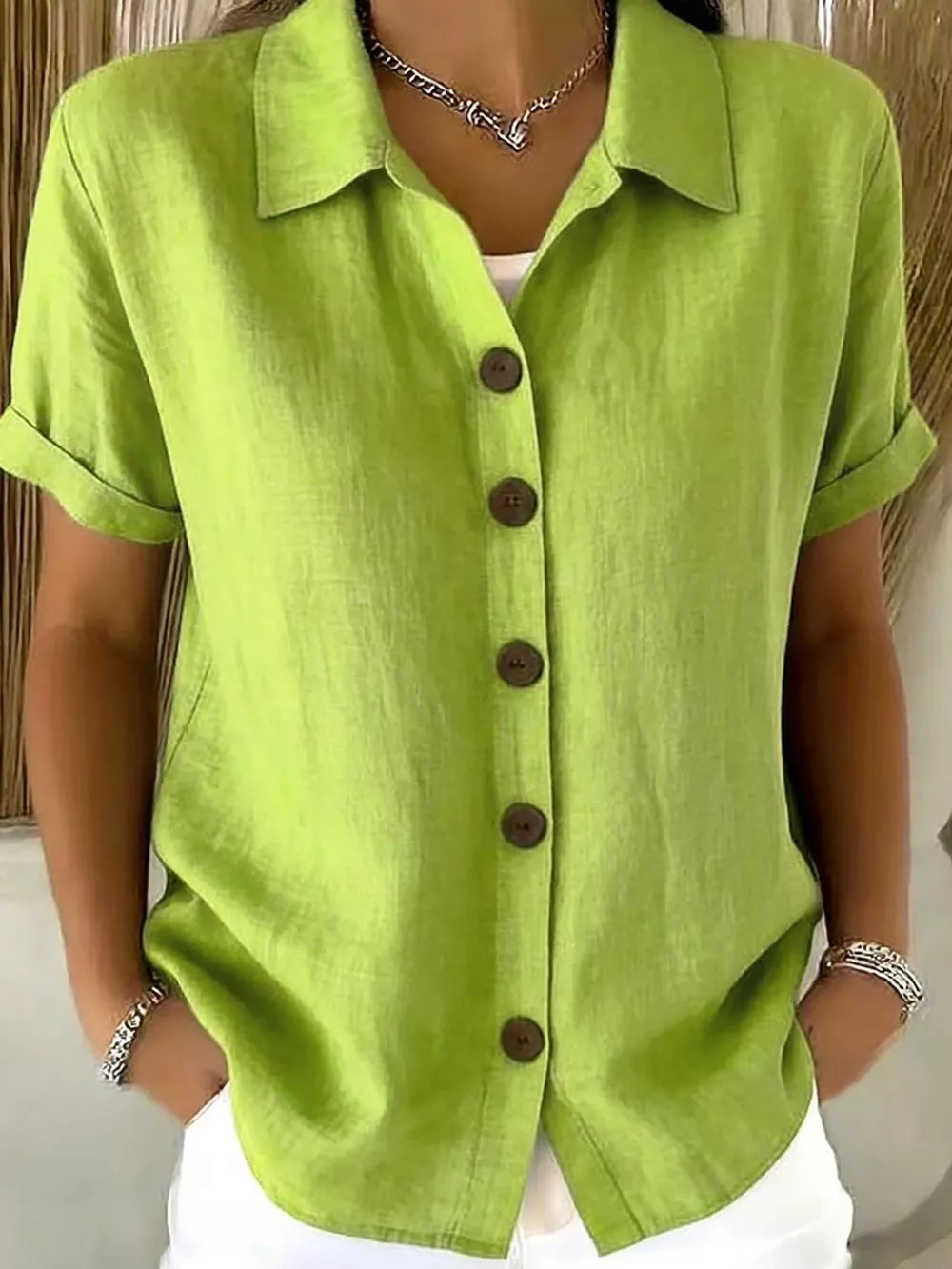 Blue Full Size Button Up Short Sleeve Shirt