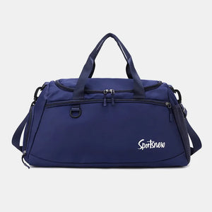 Dark Blue nylon duffle bag with dual handles, adjustable strap, and side mesh pocket.