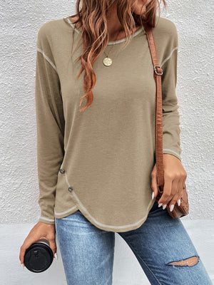 Casual Long Sleeve Exposed Seam T-Shirt in Pink with exposed seams