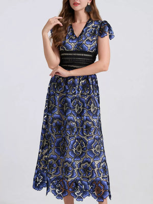 Blue floral lace midi dress with V-neck, short sleeves, and black waistband.
