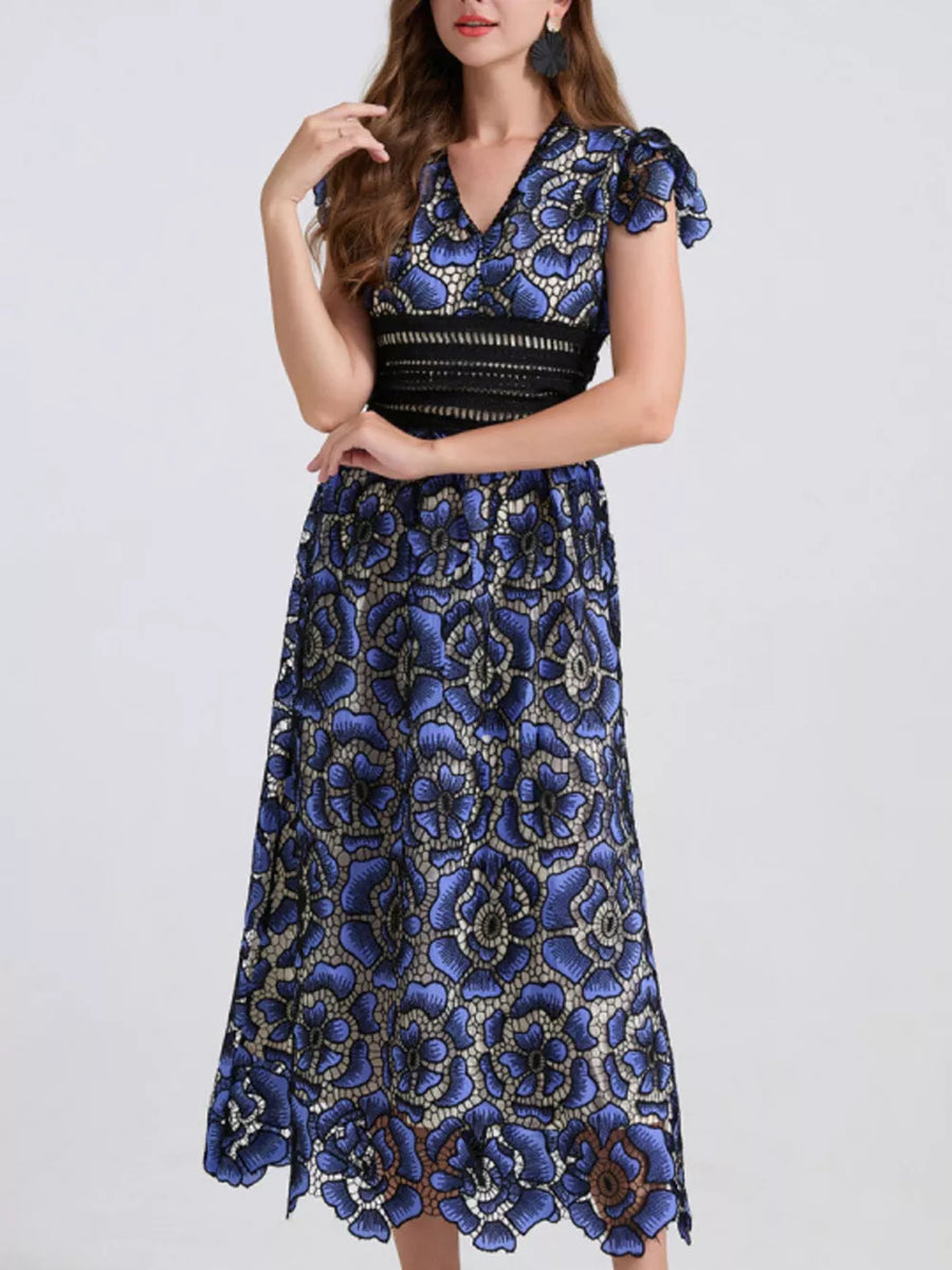 Blue floral lace midi dress with V-neck, short sleeves, and black waistband.