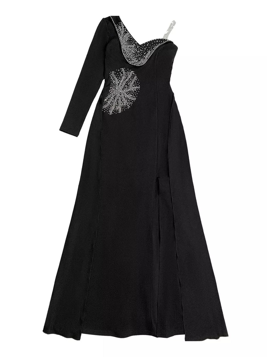 glam maxi dress in black with one-shoulder