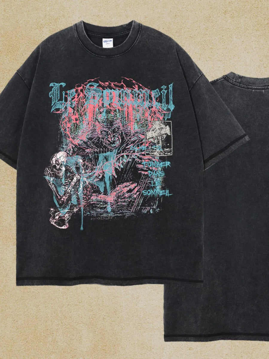 Black acid wash oversized graphic tee with a skeletal and monster print.