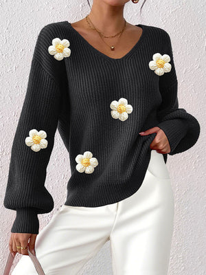 Orange v-neck sweater with applique and long sleeve