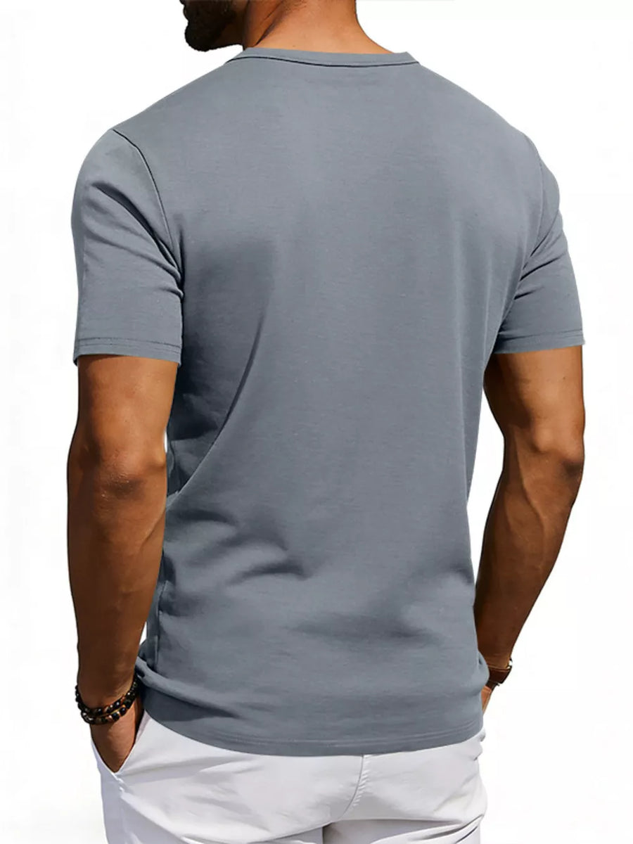Men's gray short sleeve t-shirt with crew neck and chest pocket