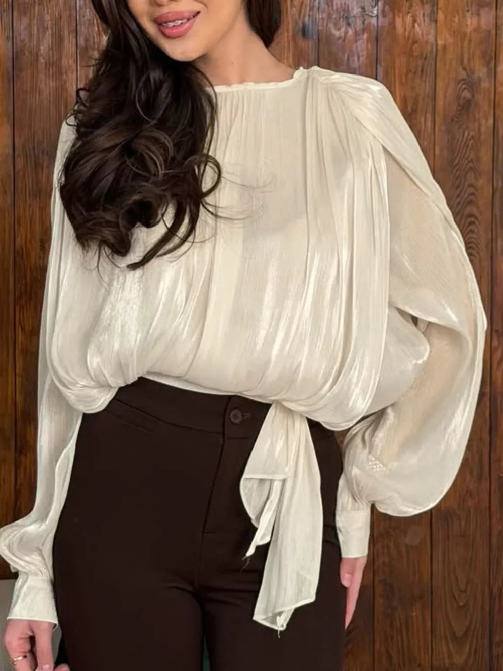 Metallic Sheen Blouse With Tie Detail in Beige