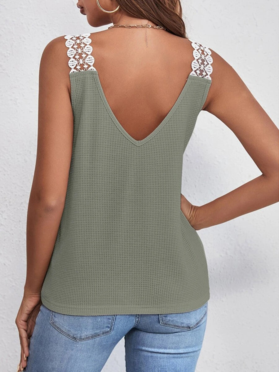 Sage waffle knit tank top with white lace shoulder detail and V-neck.