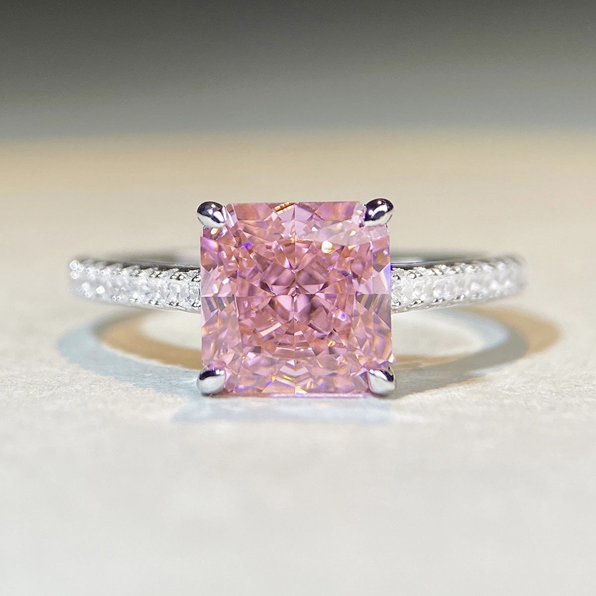 Pave 925 Sterling Silver Zircon Square Ring in pink with square cut stone