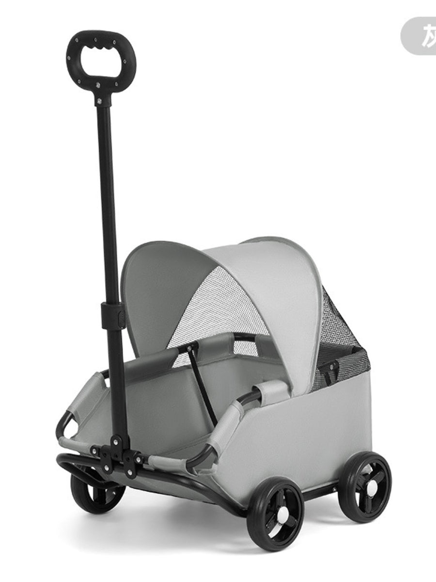 Gray foldable pet stroller with canopy and adjustable handle