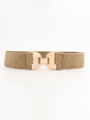 Khaki textured raffia belt with gold-tone double buckle detail