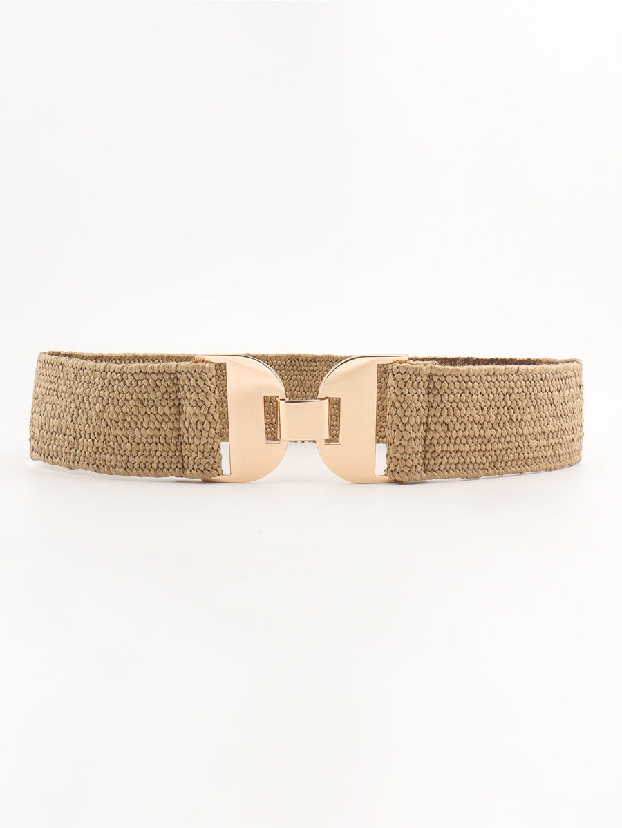 Khaki textured raffia belt with gold-tone double buckle detail