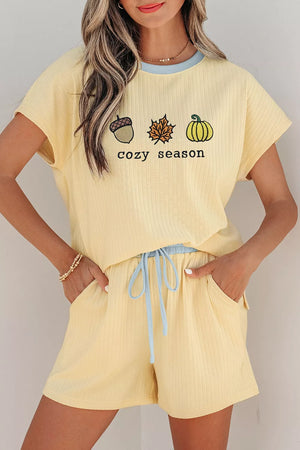 Cozy Season Embroidered Graphic Relaxed Two-piece Short Set in Pastel Yellow