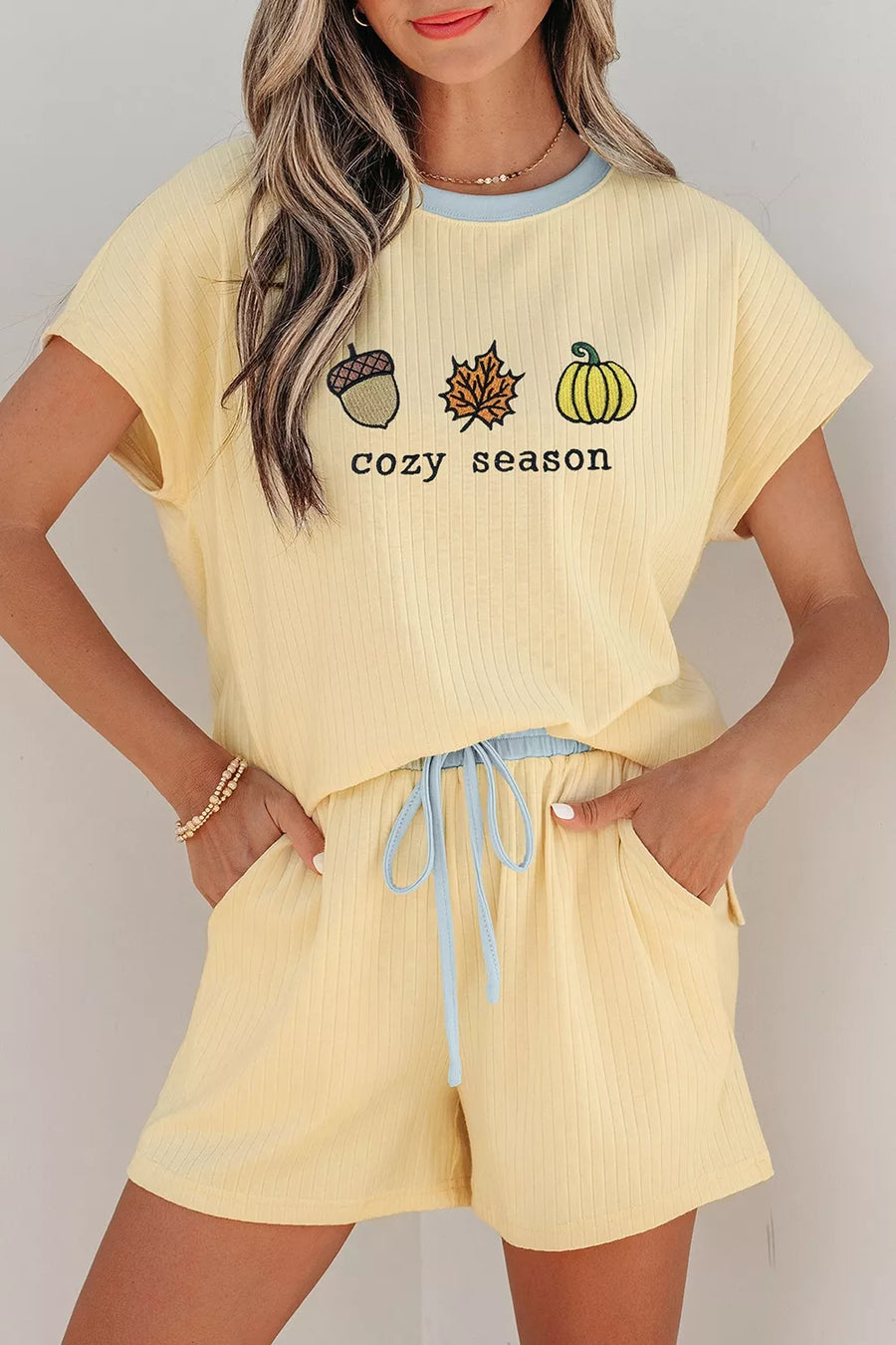 Cozy Season Embroidered Graphic Relaxed Two-piece Short Set in Pastel Yellow