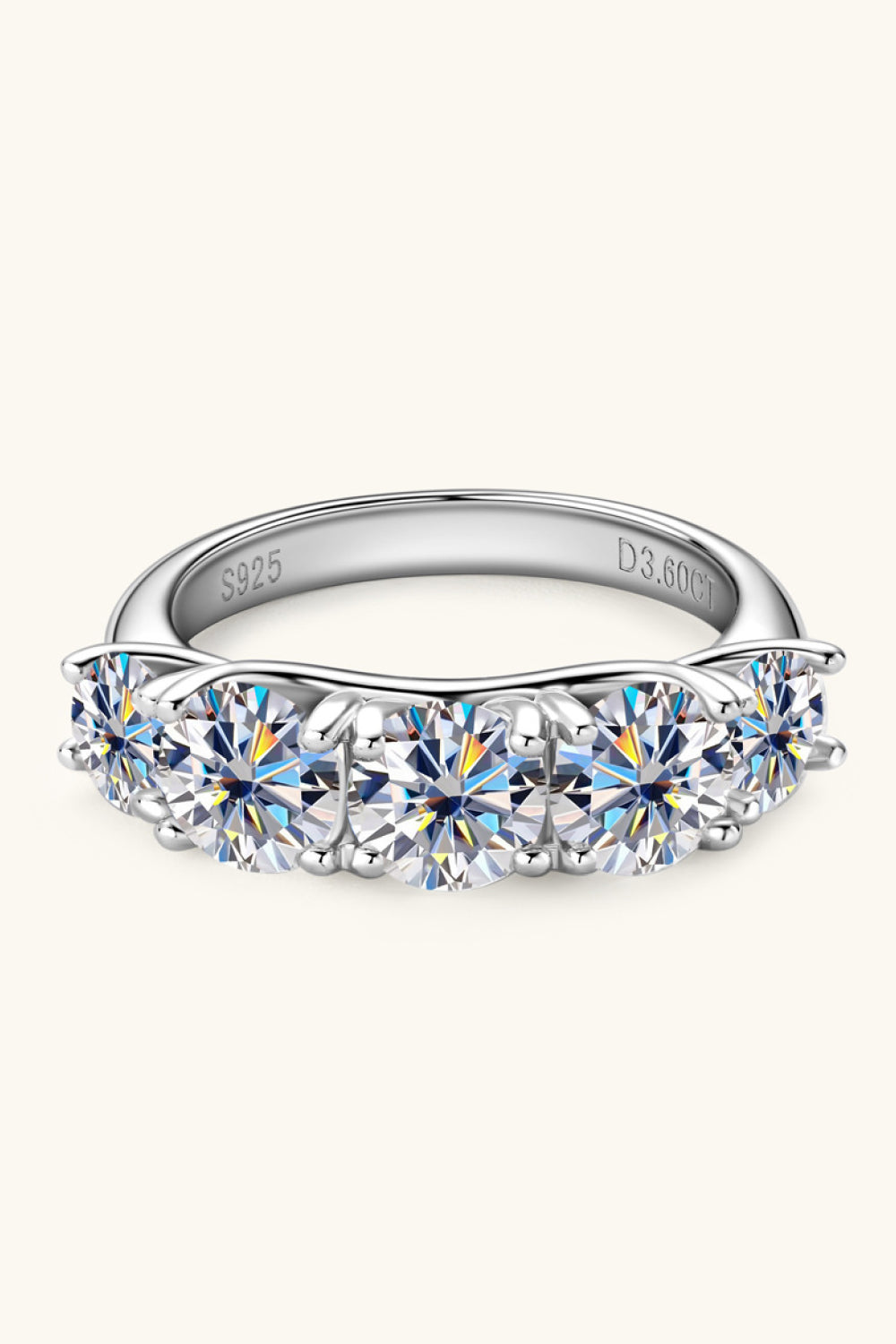 Silver five-stone moissanite eternity band ring with S925 and D3.60CT engravings.