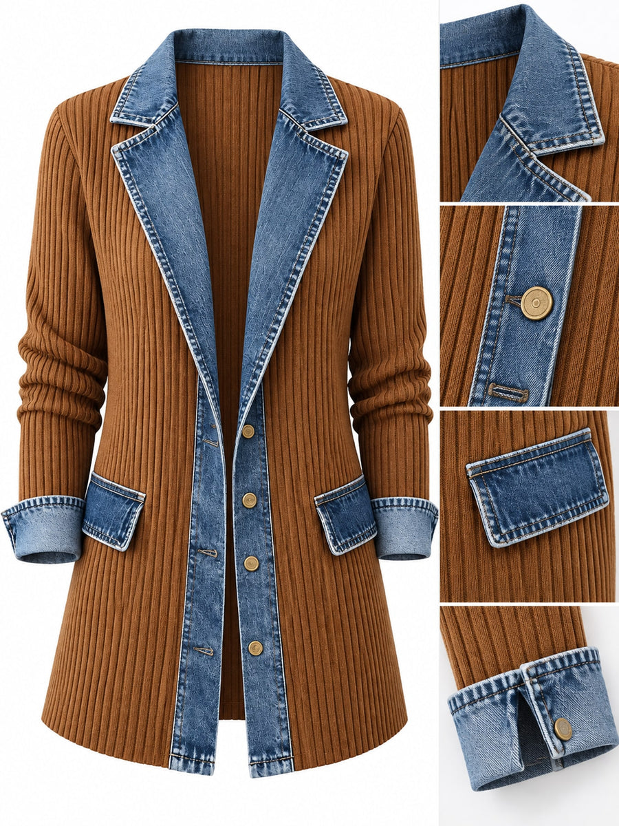 Full Size Denim Trim Ribbed Knit Cardigan in light blue with pocketed