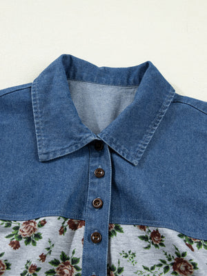 Denim patchwork blouse with floral print bottom and button-down front.