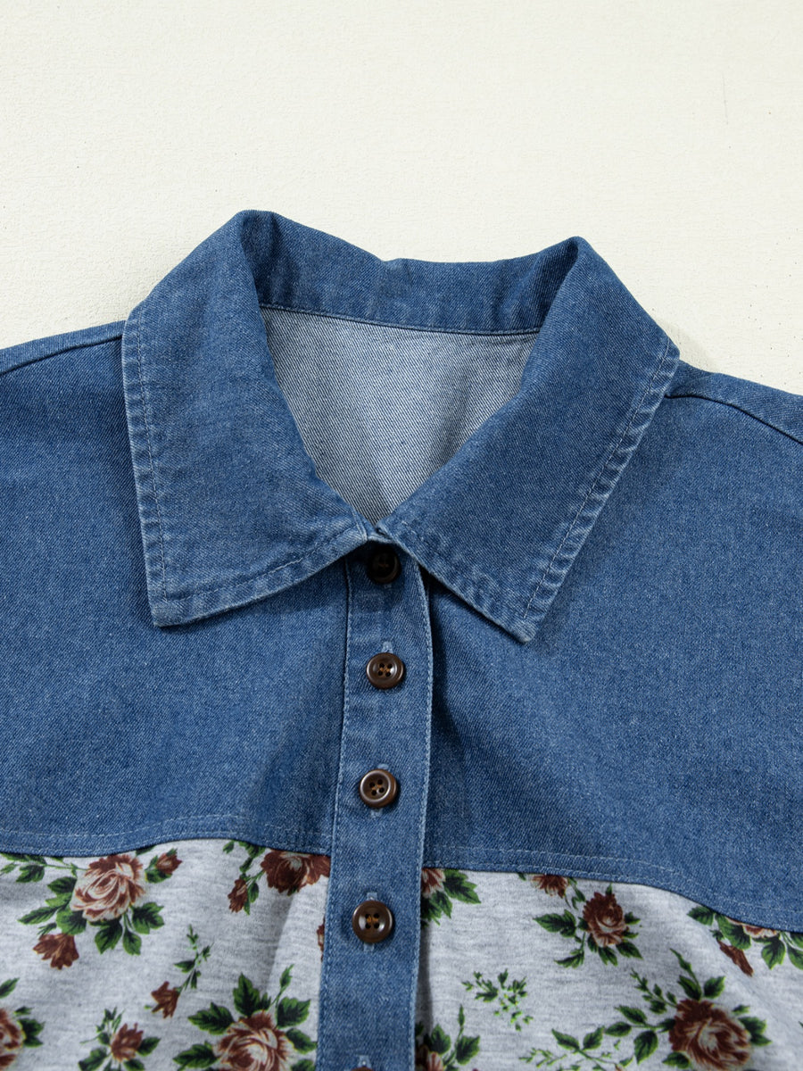 Denim patchwork blouse with floral print bottom and button-down front.