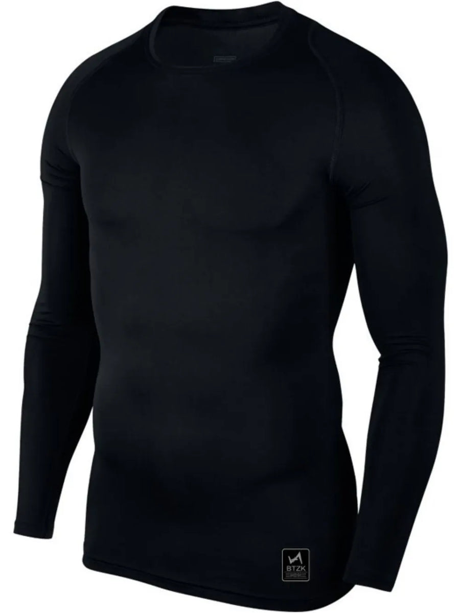 Black long sleeve performance tee with crew neck and subtle logo detail.