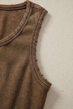 Brown ribbed henley snap tank top with distressed edges and contrast stitching.