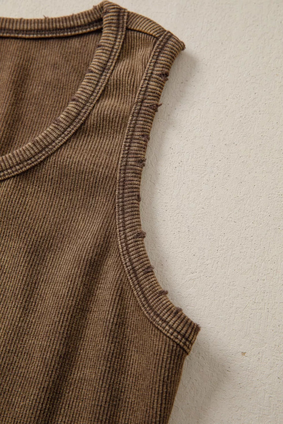 Brown ribbed henley snap tank top with distressed edges and contrast stitching.