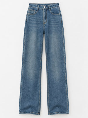 High-Waisted Vintage Wash Wide-Leg Jeans in Vintage Blue-Fleece-lined Thickened with washed