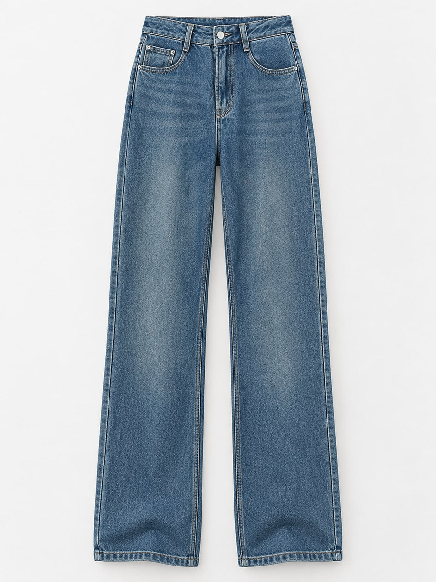 High-Waisted Vintage Wash Wide-Leg Jeans in Vintage Blue-Fleece-lined Thickened with washed