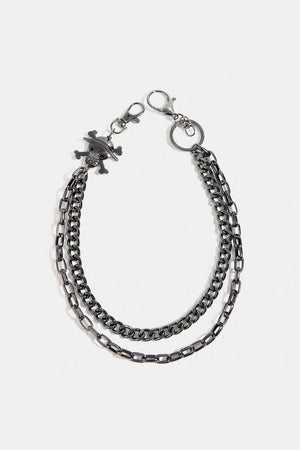 Black alloy wallet chain with skull and crossbones charm and lobster clasps.