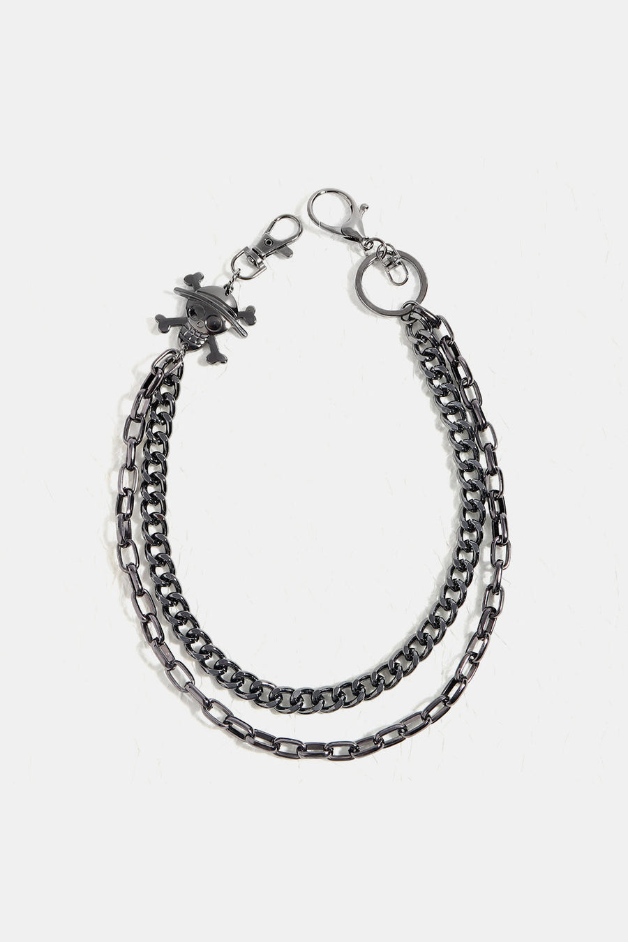 Black alloy wallet chain with skull and crossbones charm and lobster clasps.