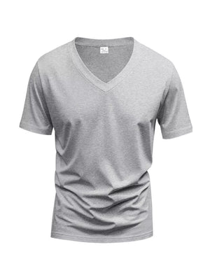 Light gray cotton v-neck t-shirt with a slim fit and short sleeves.