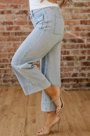 Light Blue with Striped Wide-leg Cropped Jeans in Light Blue
