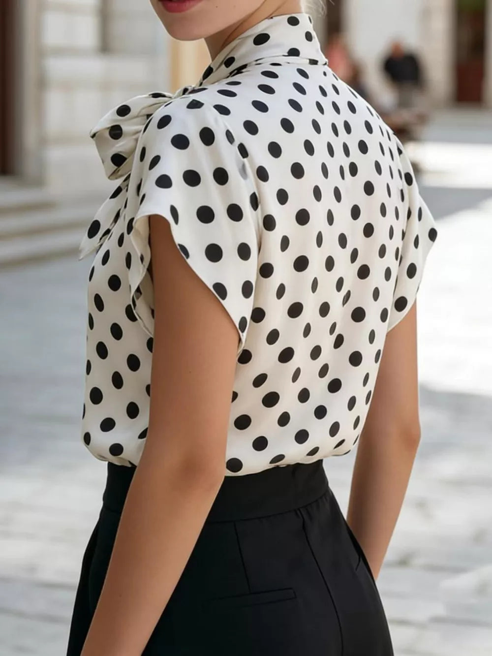 black blouse featuring bow tie neck and polka dot