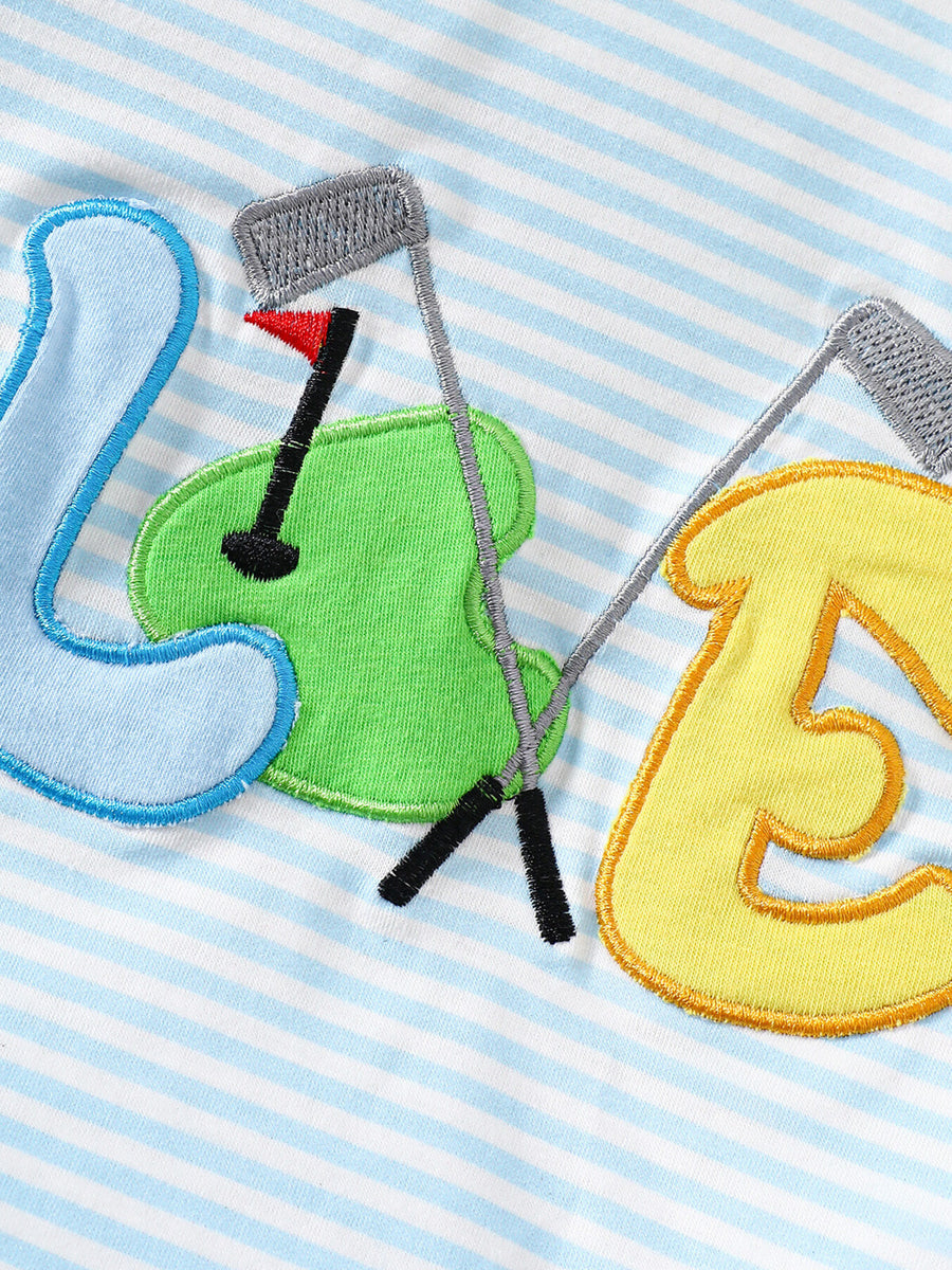 Baby cotton set with embroidered golf applique on blue and white striped fabric.