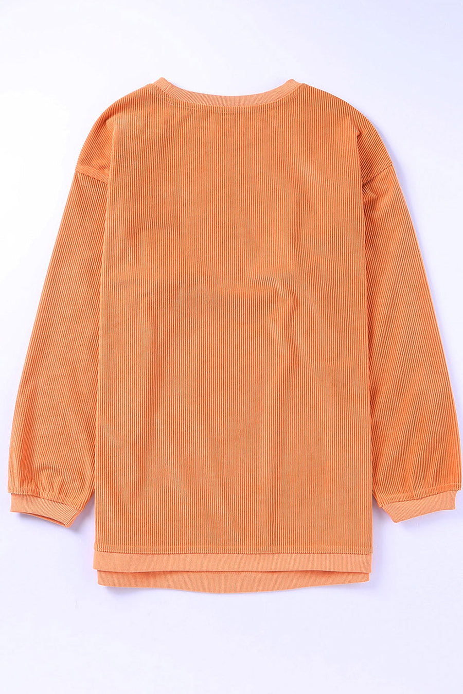 Orange corded long sleeve sweatshirt with ribbed texture and crew neck.