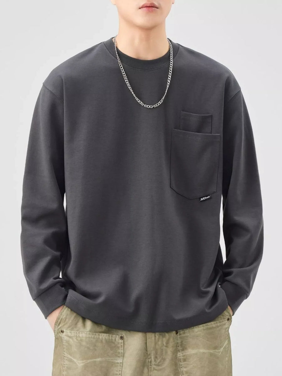 Dark Gray long-sleeve sweatshirt with chest pocket and crew neck.