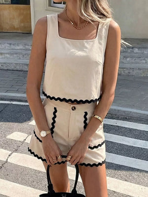 Scalloped trim tank and shorts set in cream with black trim, square neck tank, button-front shorts.