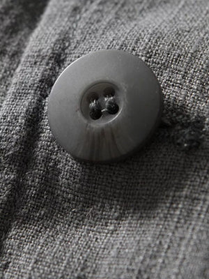 Grey long sleeve blazer detail showing a dark grey button with four holes on textured fabric.