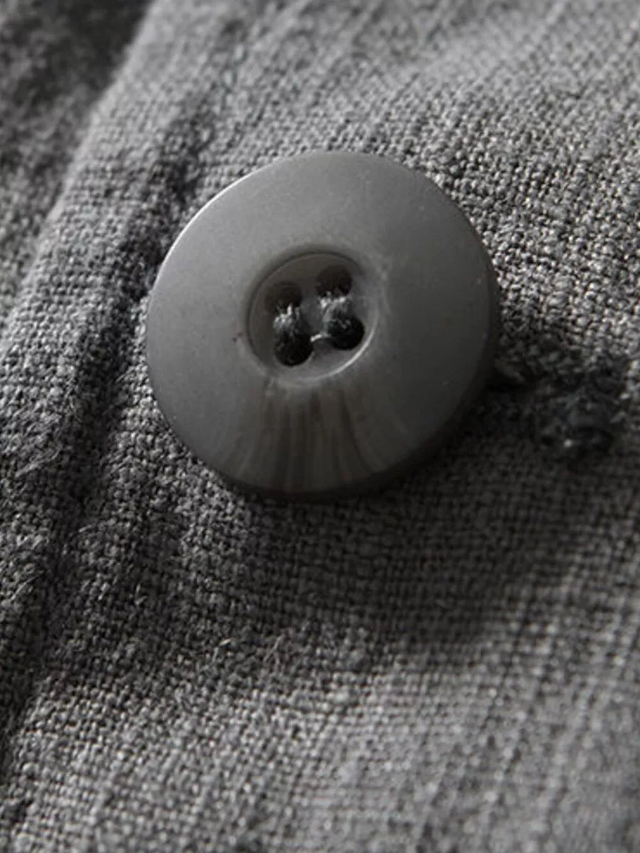 Grey long sleeve blazer detail showing a dark grey button with four holes on textured fabric.