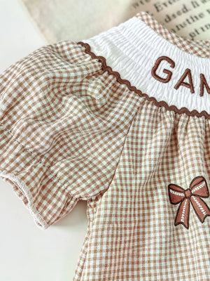 Brown with Children's Gingham Football Puff Sleeve Dress