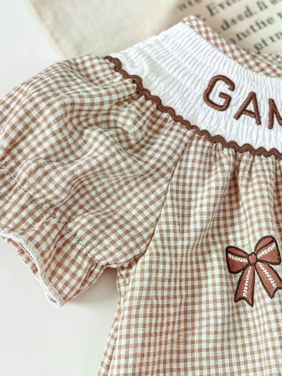 Brown with Children's Gingham Football Puff Sleeve Dress