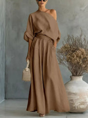 coastal two-piece set in Brown with one-shoulder