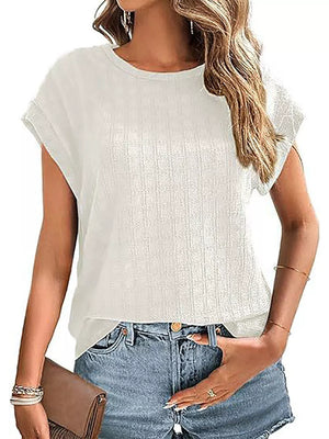 Textured Round Neck Short Sleeve Top in Wine Red