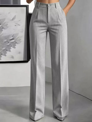 Brown wide-leg pants featuring buttoned and striped