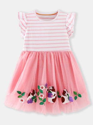 Toddler pink tulle dress with striped bodice and embroidered guinea pigs.